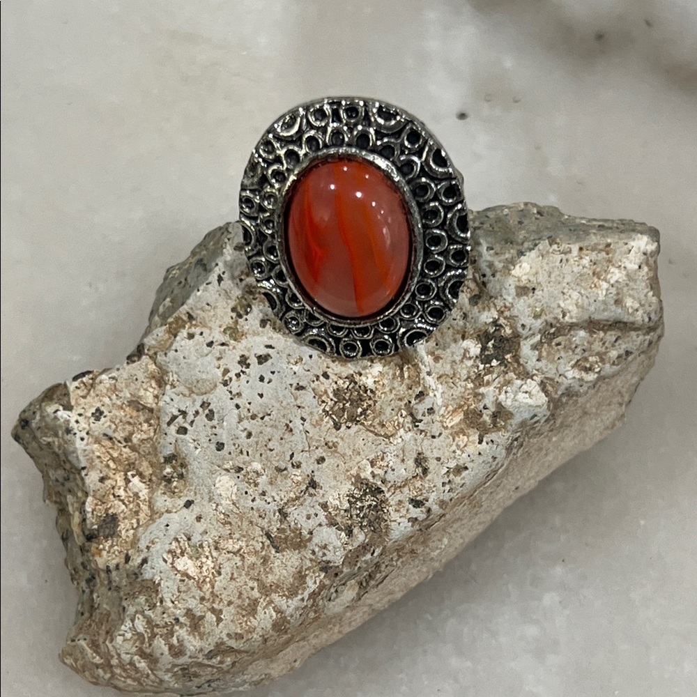 Statement Ring with Faux Carnelian Cabochon Silver Alloy